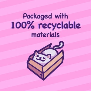 May include: A white cat with a pink nose and black eyes is lying in a brown cardboard box with a white arrow on the side. The box is on a pink and white striped background. The text "Packaged with 100% recyclable materials" is above the box.