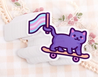 Trans Pride Cat Skateboard Sticker: Waterproof Vinyl LGBTQ+ Decal