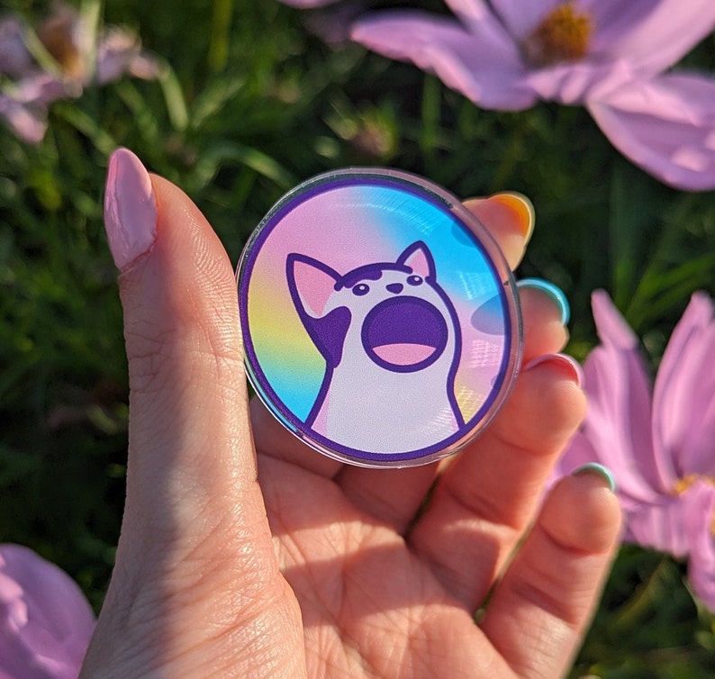 Pop Cat Meme Acrylic Pin 40mm Acrylic Badge with Butterfly Clutch Funny, Sustainable & Eco-Friendly Gift image 2