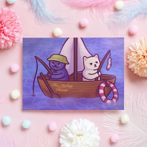Carte d'anniversaire de pêche drôle | Illustration de chat par Mona Mauve | Cadeau pour mari, femme, petit ami, petite amie, partenaire, elle, lui