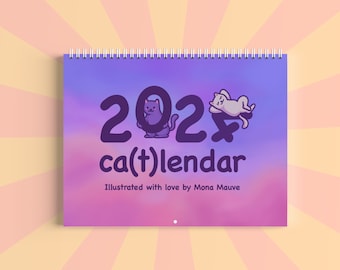 2024 Cat Calendar by Mona Mauve | 12 Month Illustrated Interactive Calendar | Hanging Wall Décor | Funny & Cute Christmas Gift