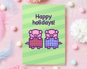 Carte de Noël de cochon mignon | Porcs dans des couvertures | Joyeuses fêtes! | Cadeau pour petit ami, mari, femme, maman, sœur, ami – elle ou lui.