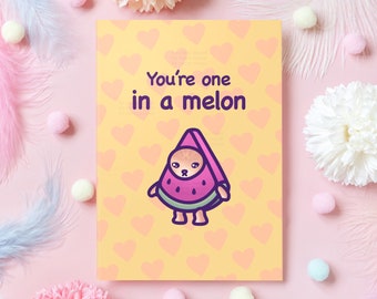 Cute Cat Thank You Card | You're One in a Melon! | Funny Pun Appreciation Card for Mom, Dad, Sister, Best Friend