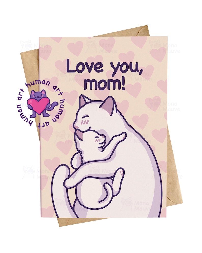 Cartão fofo de Dia das Mães com gato | Te amo, mãe | Cartão com gato e gatinho aconchegado imagem 1