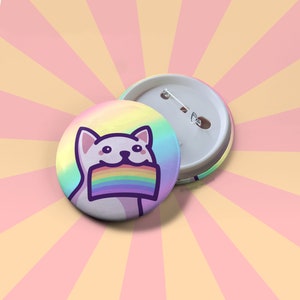 LGBTQ+ Pride Button Badge | Cute Cat Holding a Rainbow Pride Flag | Pride Button Pin | Gift for Pride Month and Coming Out