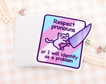 Funny Respect Pronouns Cat Meme Sticker - Trans Pride Vinyl Decal