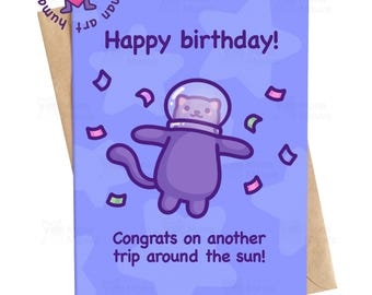 Cartão de aniversário engraçado para gato, Mais uma volta ao redor do sol, Cartão de aniversário de gato astronauta para ela e para ele.