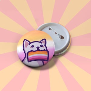 Lesbian Pride Button Badge | Cute Cat Holding a Lesbian Pride Flag | LGBTQ+ Pride | Gift for Pride Month and Coming Out