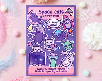 Space Cats Vinyl Sticker Sheet | 13 Cute Stickers | I Need Space, Alien, Moon, Saturn, Stars, Galaxy, UFO | Kawaii Waterproof Stickers