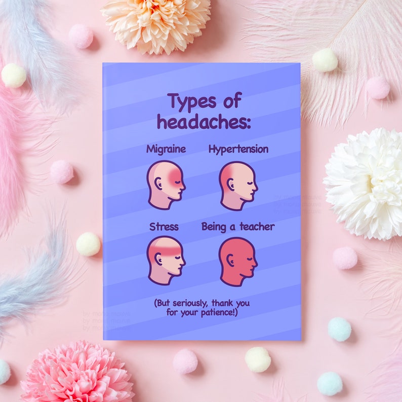 Funny Teacher Appreciation Card Types of Headaches Funny Gift for Teacher on School/University Graduation or Teacher Appreciation Day image 1