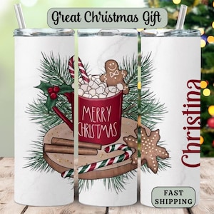 Personalized Christmas Tumbler Cup with name, Custom Hot Chocolate Travel Coffee Cup Gift for Christmas, Winter Hot Cocoa Tumbler with Straw