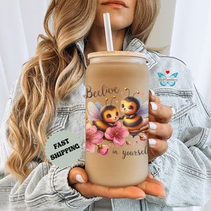 Personalized Bee Glass Cup with name, Custom Bee glass frosted cup gift for Iced Coffee lover, Personal Bee lover gift, Beelieve in yourself