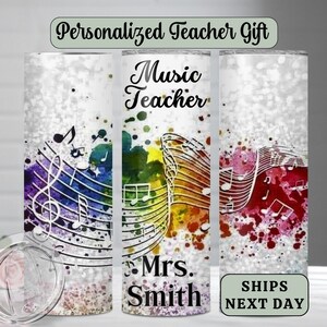 Personalized Music Teacher Tumbler, Travel Mug for Music Teacher gift from Student Custom teacher Appreciation Skinny tumbler Cup with Straw