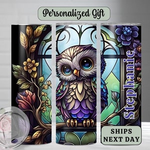 Personalized Owl Tumbler cup-Custom Bird Lover travel cup-wildlife animal Insulated Coffee Cup-Colorful Owl Skinny Tumbler cup with straw-