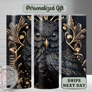 Personalized Black Owl Tumbler Cup-Custom Name Travel Tumbler-Wildlife Animal Coffee Cup-Bird Lover Insulated Skinny Tumbler with Straw