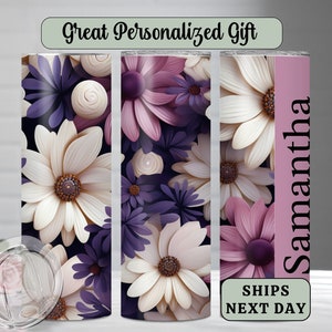 Personalized daisy flower tumbler cup-Custom Daisy Garden gift-Pretty purple daisy coffee cup-custom name tumbler cup with straw-Floral cup