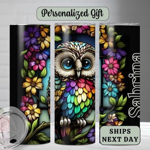 Personalized Owl Tumbler-Custom flower Travel Tumbler-Wildlife animal Cup-Bird Lover Insulated coffee cup- Cute Owl Tumbler cup with Straw