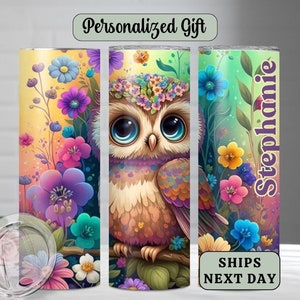 Personalized Owl Tumbler-Custom flower Travel Tumbler-Wildlife animal Cup-Bird Lover Insulated coffee cup- Cute Owl Tumbler cup with Straw
