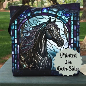 Black horse trendy tote bag-Majestic wildlife animal tote-large reusable bag-cute cool teacher tote-library book tote bag-Stylish Modern bag image 1