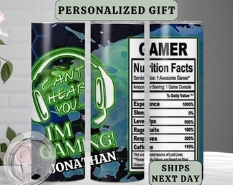 Gamer Tumbler Cup-Personalized Gamer Travel Mug-Video Gamer Insulated Coffee Cup-Gift for Gamer-Video Gamer 20oz Skinny Tumbler with Straw