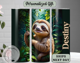 Personalized sloth tumbler-Custom Sloth lover gift-Forest Animal insulated coffee cup-custom name sloth tumbler with straw-Cute sloth cup