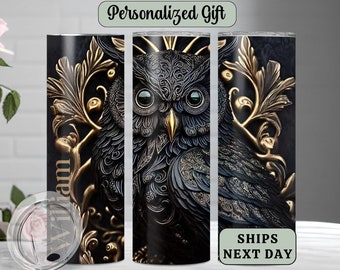 Personalized Black Owl Tumbler Cup-Custom Name Travel Tumbler-Wildlife Animal Coffee Cup-Bird Lover Insulated Skinny Tumbler with Straw