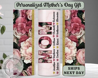 Custom Mom Tumbler for Mothers Day-Personalized Insulated Coffee Cup gift for Mom with Kids Names- Flower Tumbler with straw-Mom to go cup