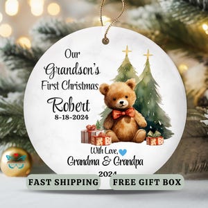 Grandson First Christmas Bear Ornament, Personalized Teddy Bear ornament with name, Custom keepsake First Christmas Gift for new grandson