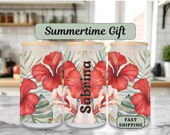 Personalized Hibiscus Glass Cup - Custom Tropical Flower Frosted Cup with name - Hibiscus Iced Coffee Cup - Personal Gift for flower Lover