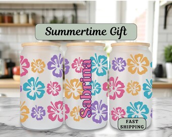 Personalized Hibiscus Glass Cup - Custom Tropical Flower Frosted Cup with name - Hibiscus Iced Coffee Cup - Personal Gift for flower Lover