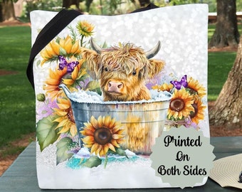 Highland Cow Tote Bag-Sunflower Garden reusable bag-Baby Cow Shopping tote-Southern Cowgirl large tote bag-Western themed travel carryon bag