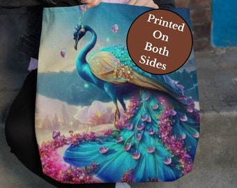 Blue Peacock Tote Bag-Cute Bird Lover Reusable Tote-Wildlife Animal Shopping Bag-Large Bird Tote Bag- Travel Carry-On Tote-library book Bag