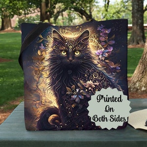 Black Cat Magic Tote Bag gift for Cat Lovers-Travel Carry-On Tote Bag for Cat Mom-Large Laptop Totebag-Medium Shopping Bag-Black Cat Handbag