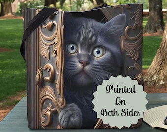 Cat Tote Bag gift for Cat Lovers, Travel Carry-On Tote Bag gift for Cat Mom, Large Laptop Totebag, Medium Shopping Bag, Gray Kitten Handbag