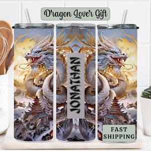 Personalized Mythical Dragon Tumbler Cup, Custom Fantasy themed gift for Dragon lover, Insulated Travel Coffee Mug Skinny tumbler with Straw
