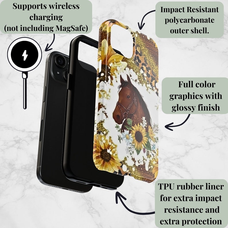 May include: A phone case with a brown horse and sunflowers on a white background. The case is made of impact resistant polycarbonate with a TPU rubber liner for extra protection. It supports wireless charging, but not MagSafe.