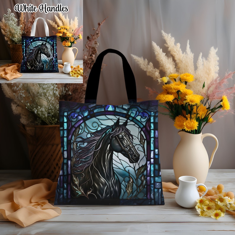 Black horse trendy tote bag-Majestic wildlife animal tote-large reusable bag-cute cool teacher tote-library book tote bag-Stylish Modern bag image 5