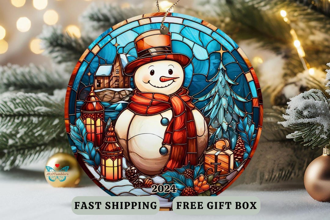 Snowman Christmas Ornament With Date, Stained Glass Design Snowman ...