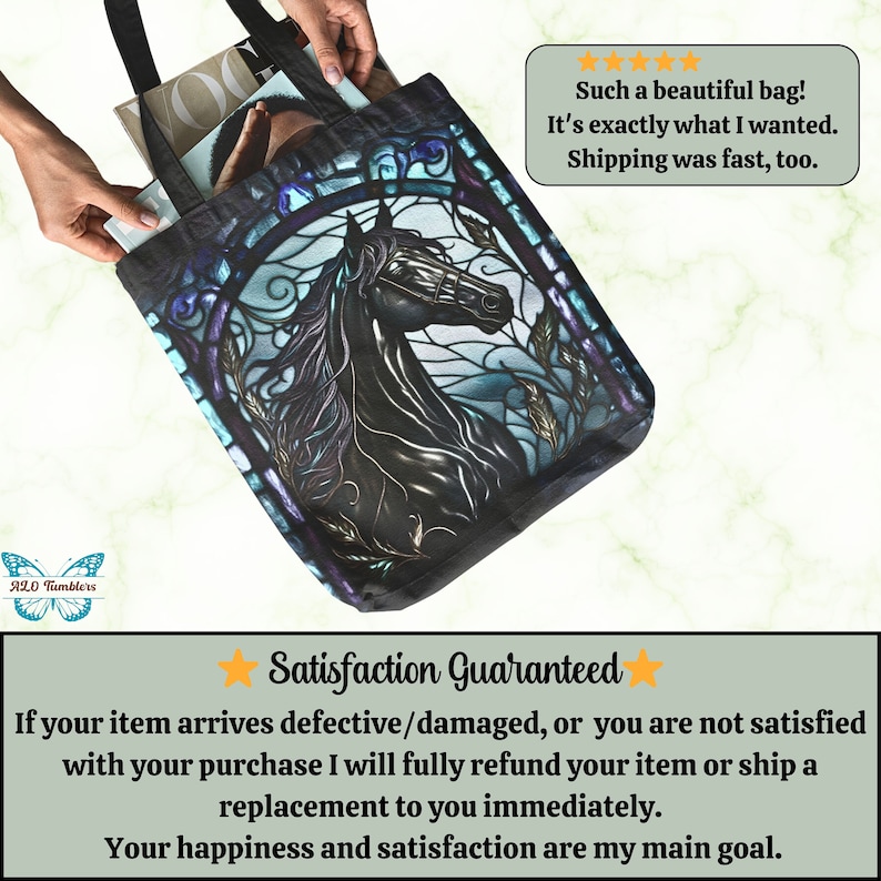 Black horse trendy tote bag-Majestic wildlife animal tote-large reusable bag-cute cool teacher tote-library book tote bag-Stylish Modern bag 13" × 13''