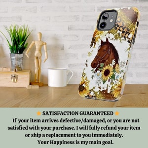 May include: A brown horse with a sunflower and white flowers on a glitter background. The phone case is designed for an iPhone with a black camera lens.