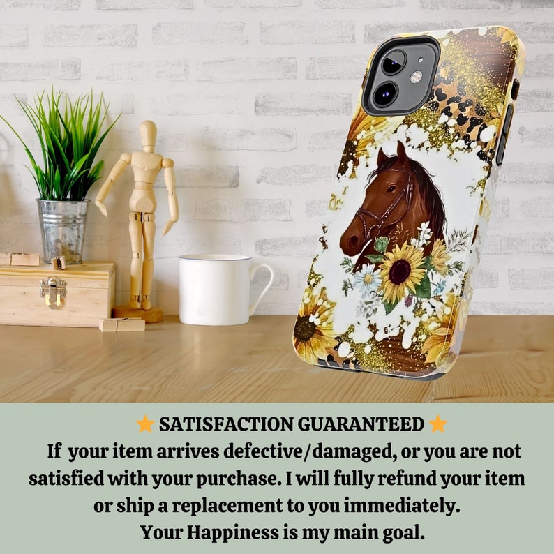 May include: A brown horse with a sunflower and white flowers on a glitter background. The phone case is designed for an iPhone with a black camera lens.