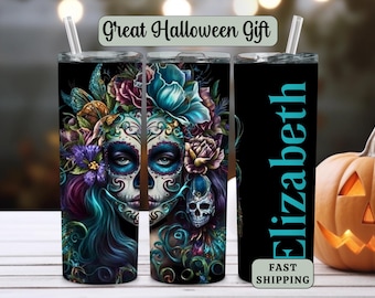 Personalized Sugar Skull Tumbler-Day of the Dead travel coffee cup-Día de los Muertos cup-Color Floral Skull design Tumbler-20oz Tumbler cup