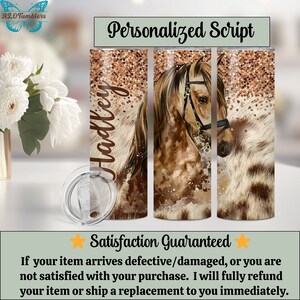 May include: Personalized stainless steel tumbler with a brown and white horse illustration and a gold glitter background. The tumbler has a clear lid and the name "Hadley" is written on the side.