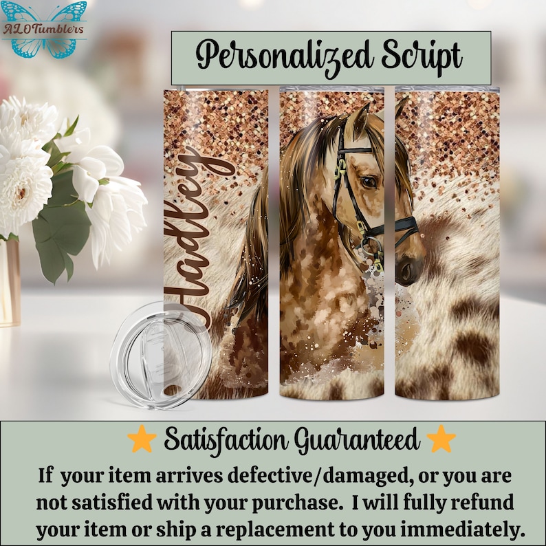 May include: Personalized stainless steel tumbler with a brown and white horse illustration and a gold glitter background. The tumbler has a clear lid and the name "Hadley" is written on the side.