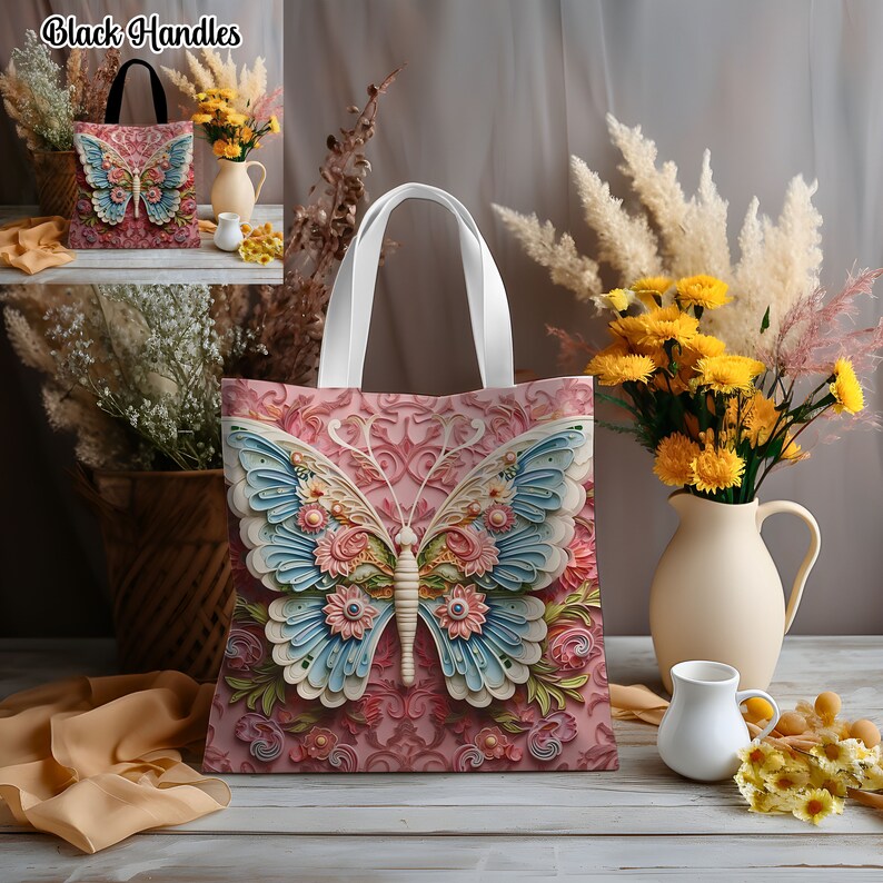 K&ouml;nnte beinhalten: Eine rosa Tragetasche mit wei&szlig;en Griffen und einem Schmetterlingsdesign. Der Schmetterling hat blaue und rosa Fl&uuml;gel mit floralen Details. Die Tasche hat den Text "Black Handles" in der oberen linken Ecke.