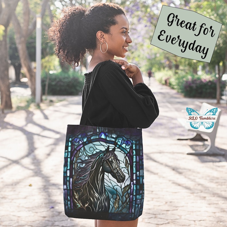 Black horse trendy tote bag-Majestic wildlife animal tote-large reusable bag-cute cool teacher tote-library book tote bag-Stylish Modern bag 16" × 16''