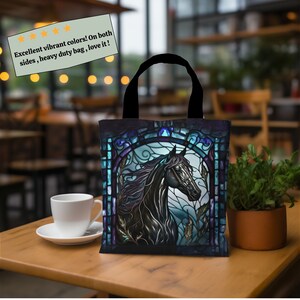 Black horse trendy tote bag-Majestic wildlife animal tote-large reusable bag-cute cool teacher tote-library book tote bag-Stylish Modern bag image 2