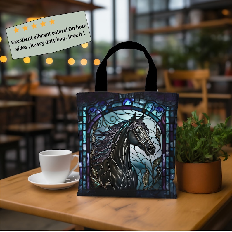 Black horse trendy tote bag-Majestic wildlife animal tote-large reusable bag-cute cool teacher tote-library book tote bag-Stylish Modern bag image 2