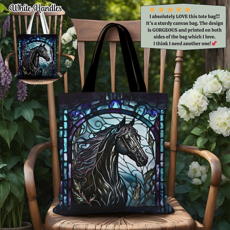 May include: A black canvas tote bag with white handles features a stained glass design of a black horse's head with blue, purple, and gold accents. The tote bag is sitting on a wooden chair.