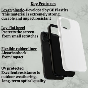 May include: A white phone case with a black phone case underneath. The white case is made of Lexan plastic, which is strong, durable, and impact resistant. The black case has a flexible rubber liner to absorb shock. The case is UV protected and has excellent resistance to outdoor weathering.